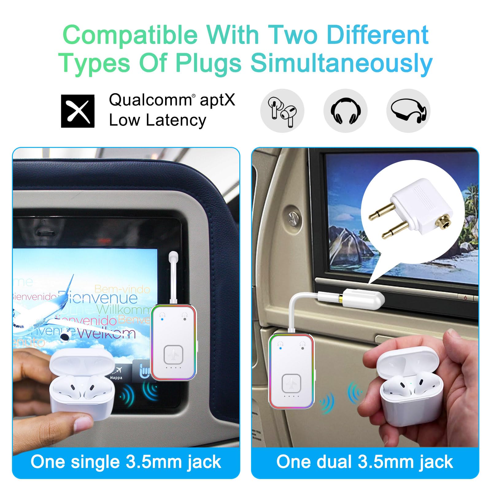 Beeitzie Bluetooth Transmitter For Airplane,Bluetooth V5.4 Transmitter For 2 Airpods/Headphones Dual Pairs.Wireless Transmitter